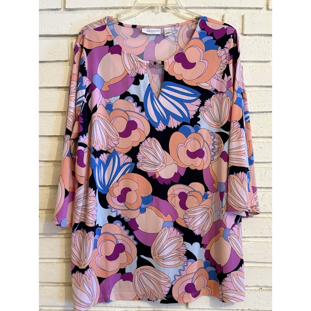 Susan Graver Liquid Knit Funky Artsy Floral Keyhole Top Multicolor Size XL